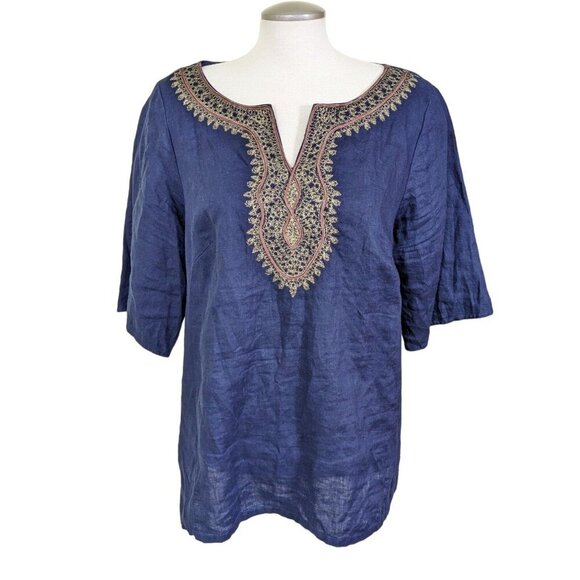 Saint Tropez West Womens Top 100% Linen Size 1X Navy Embroidered Elbow Sleeve - Picture 1 of 6